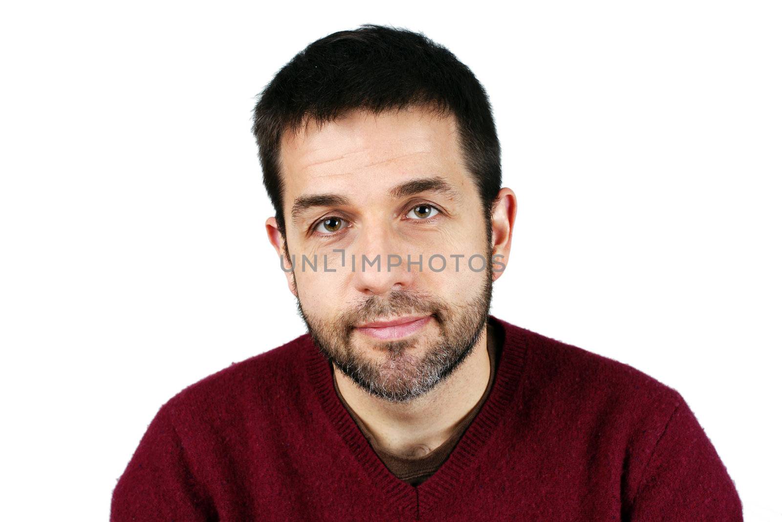 Great detail portrait of a middle aged caucasian man with short beard, smiling, good or ordinary guy concept, candid studio shot.