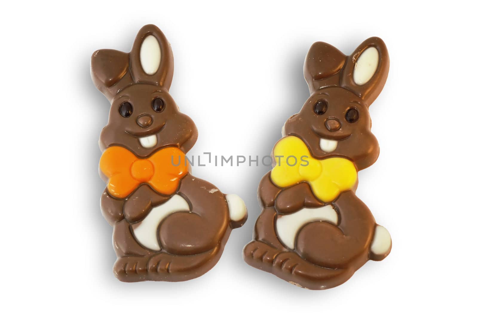 Cute and fun chocolate Easter bunnies or rabbits, on white background.