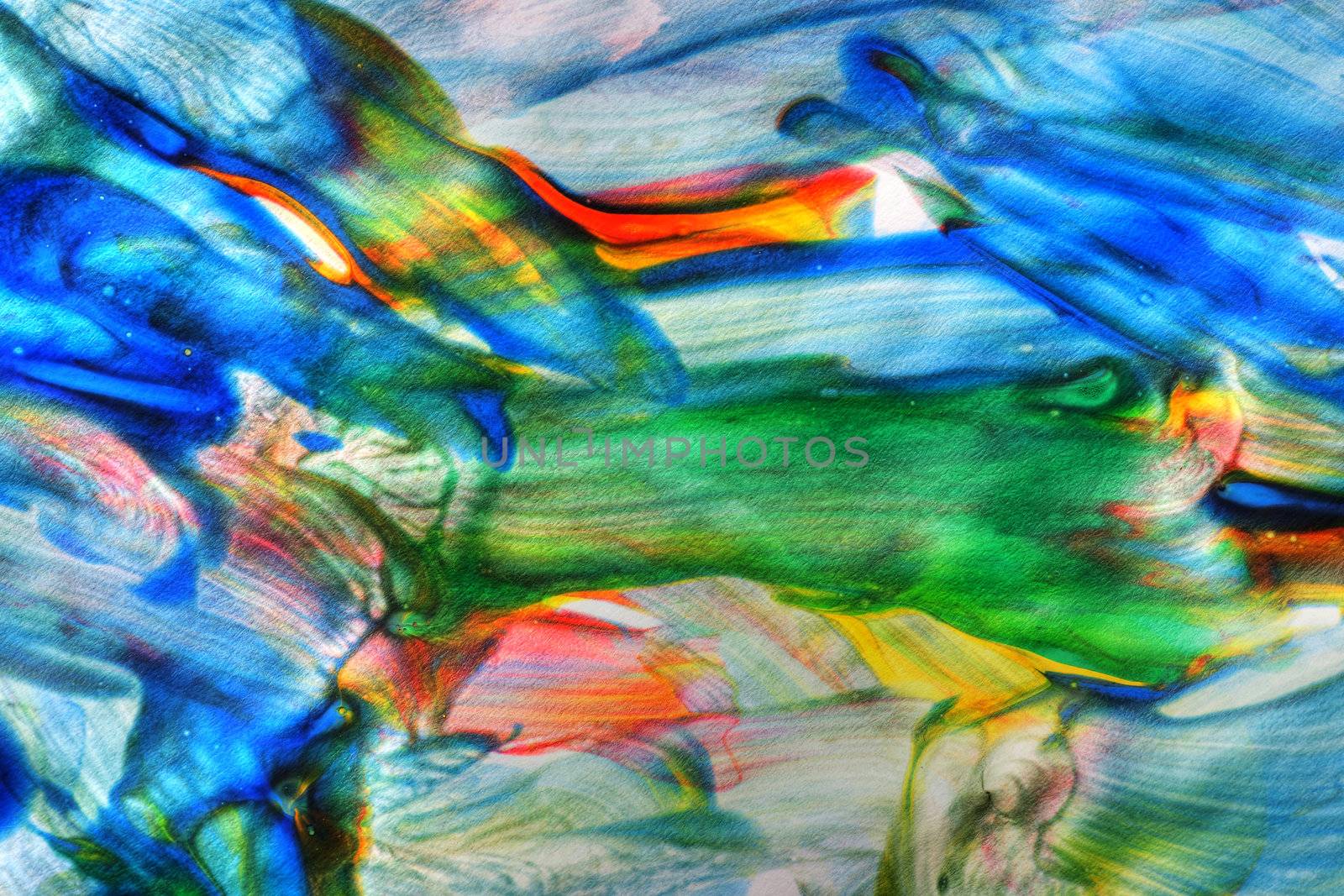 Macro shot of an original abstract watercolor painting in bright and vivid colors, great details, brush strokes and texture of paper visible; great arts background.