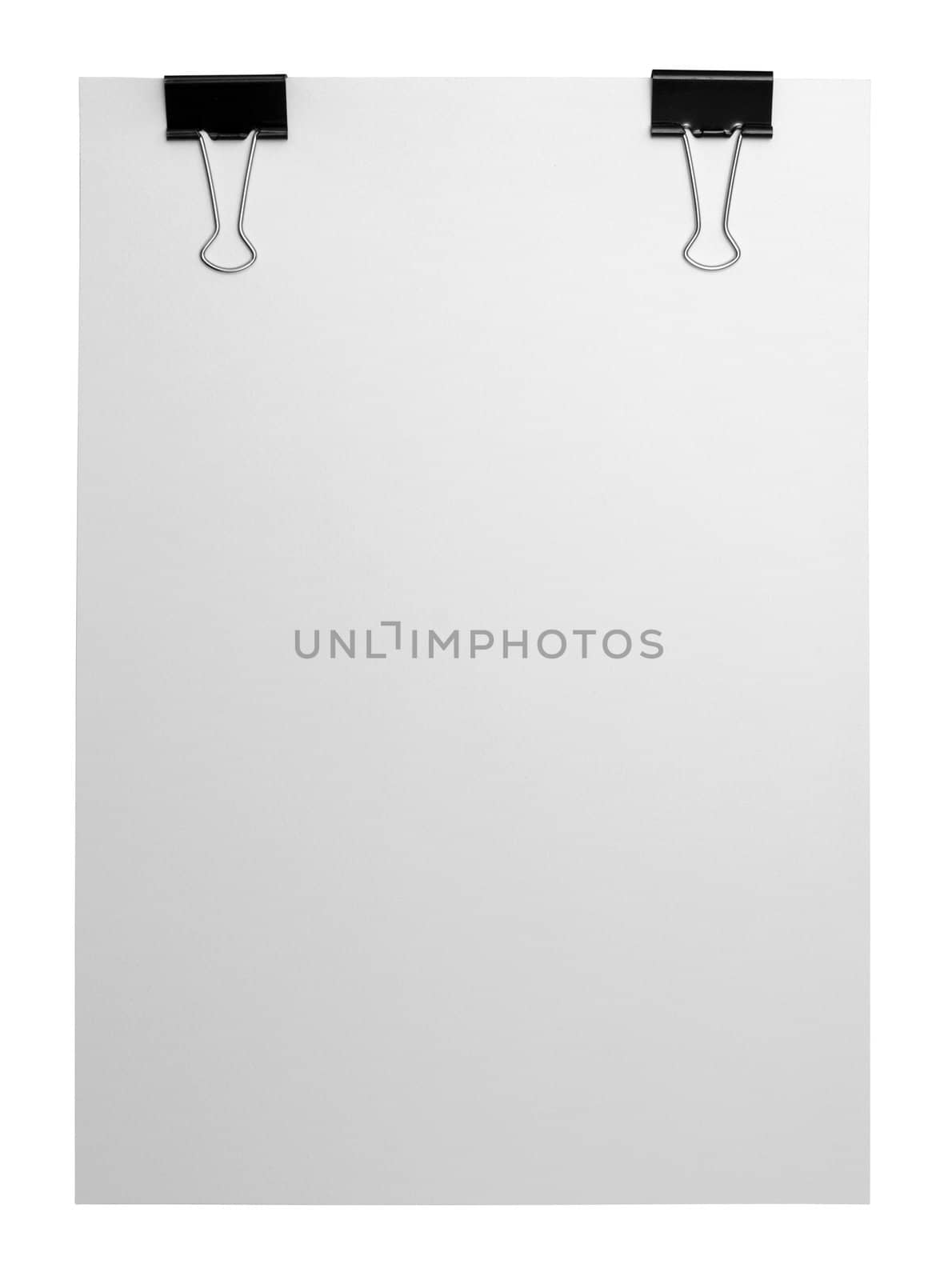 close up of a blank paper and clip on white background with clipping path