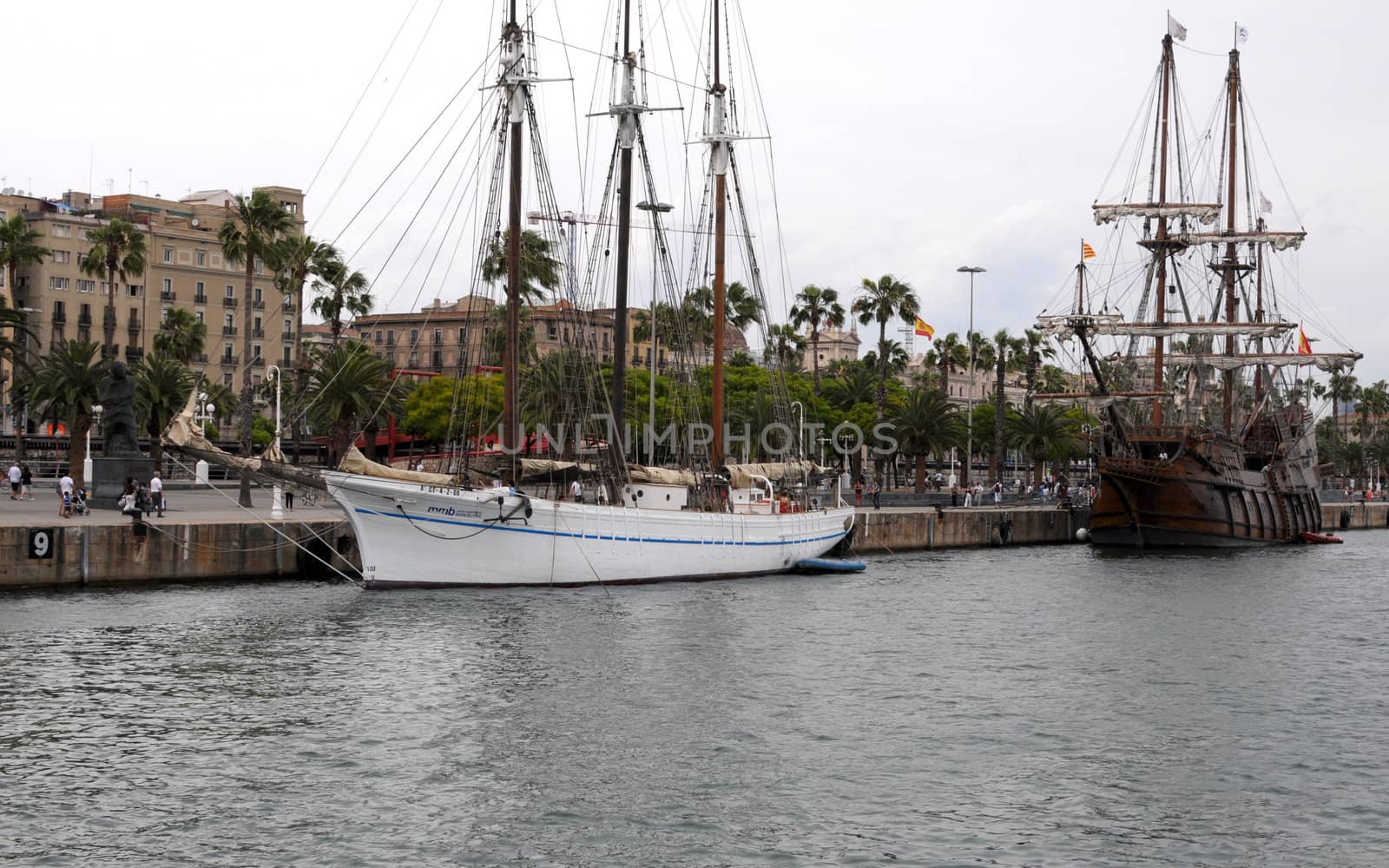 A three mast ship in Barcelona harbor