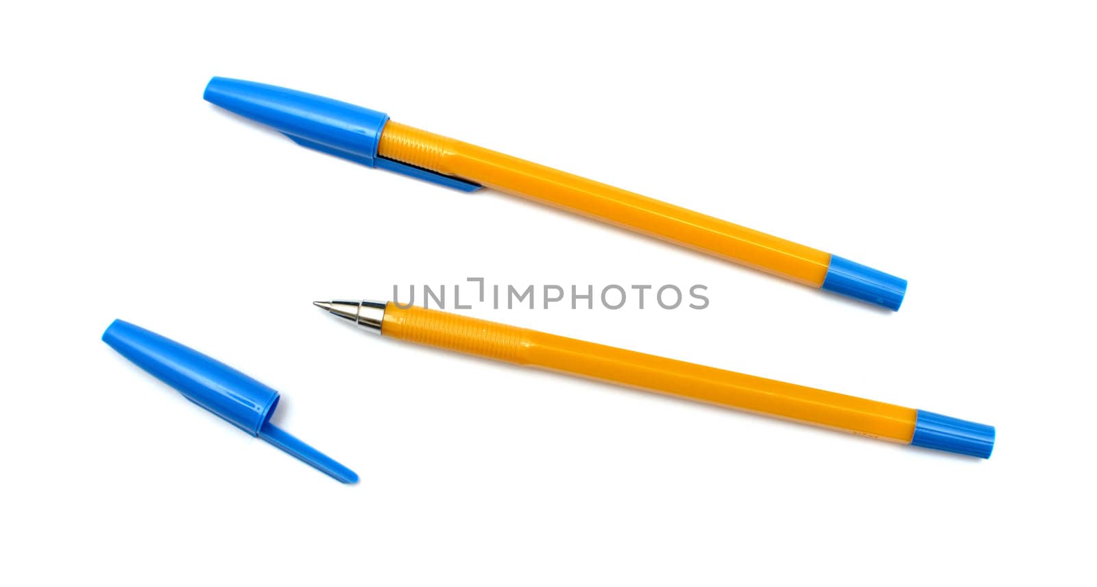 Two yellow pens. Isolated on white background