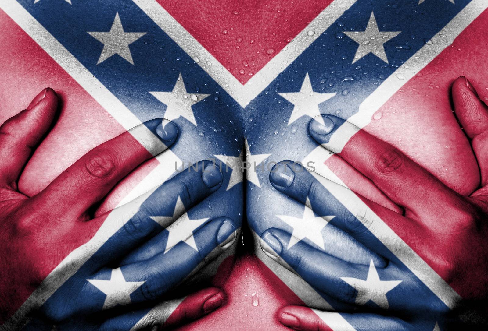 Sweaty upper part of female body, hands covering breasts, confederate flag