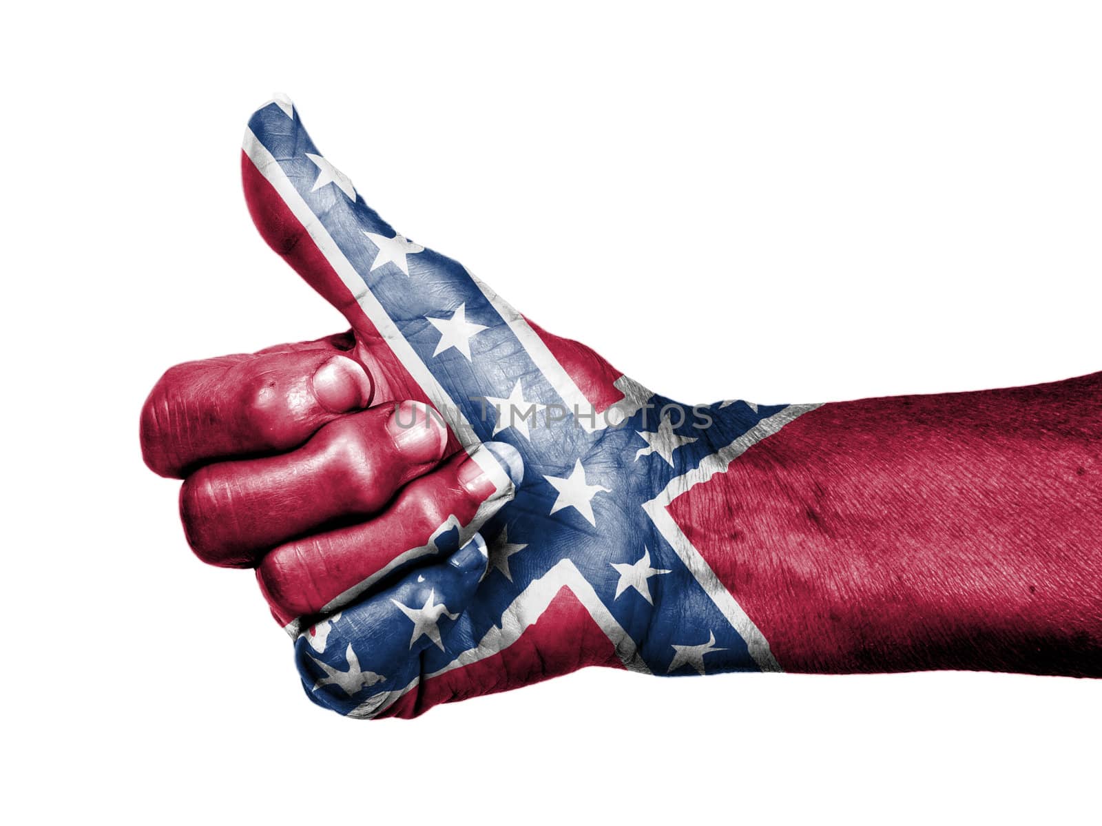 Old woman with arthritis giving the thumbs up sign, isolated on white, Confederate flag