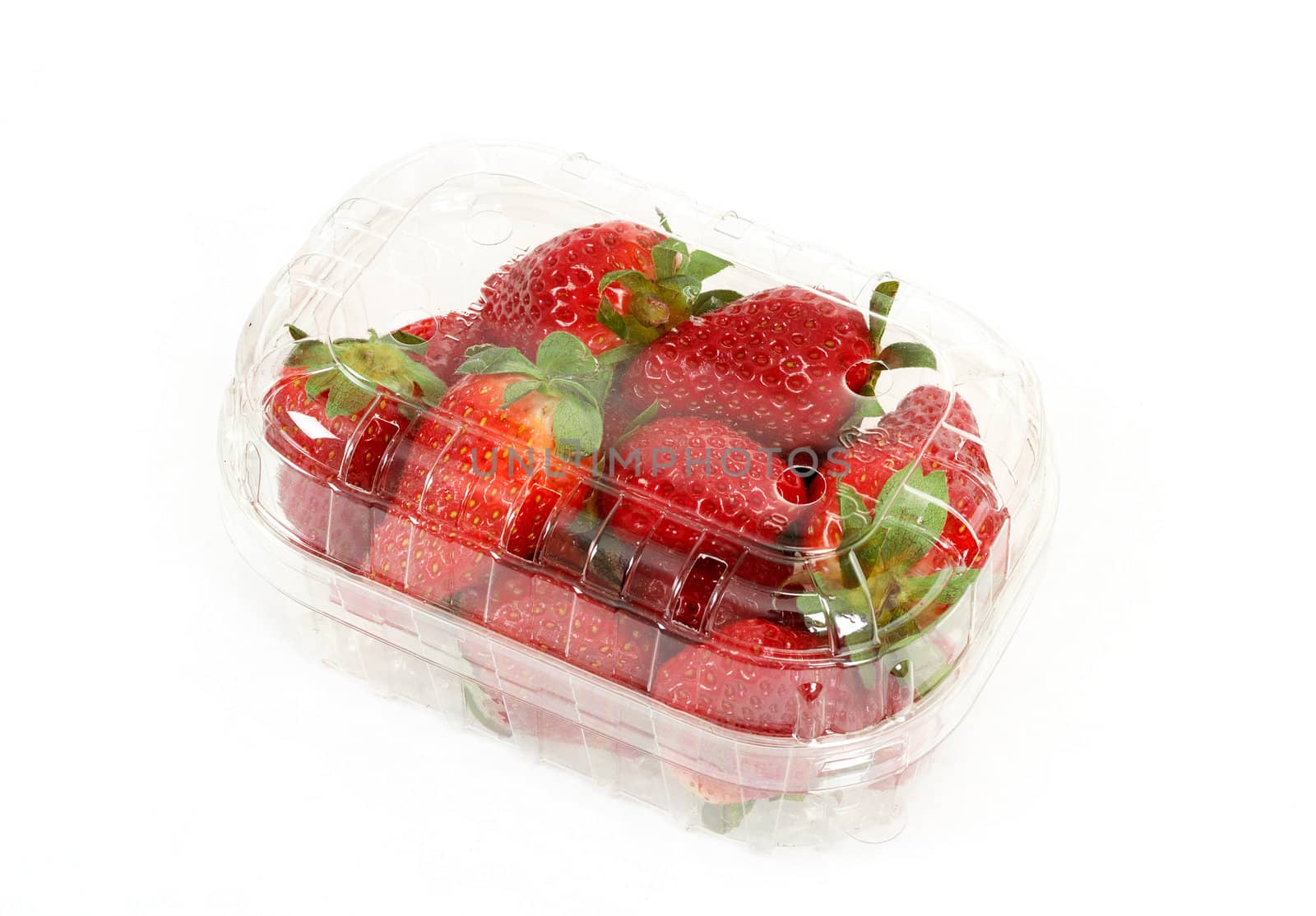 fresh strawberries in box on white background