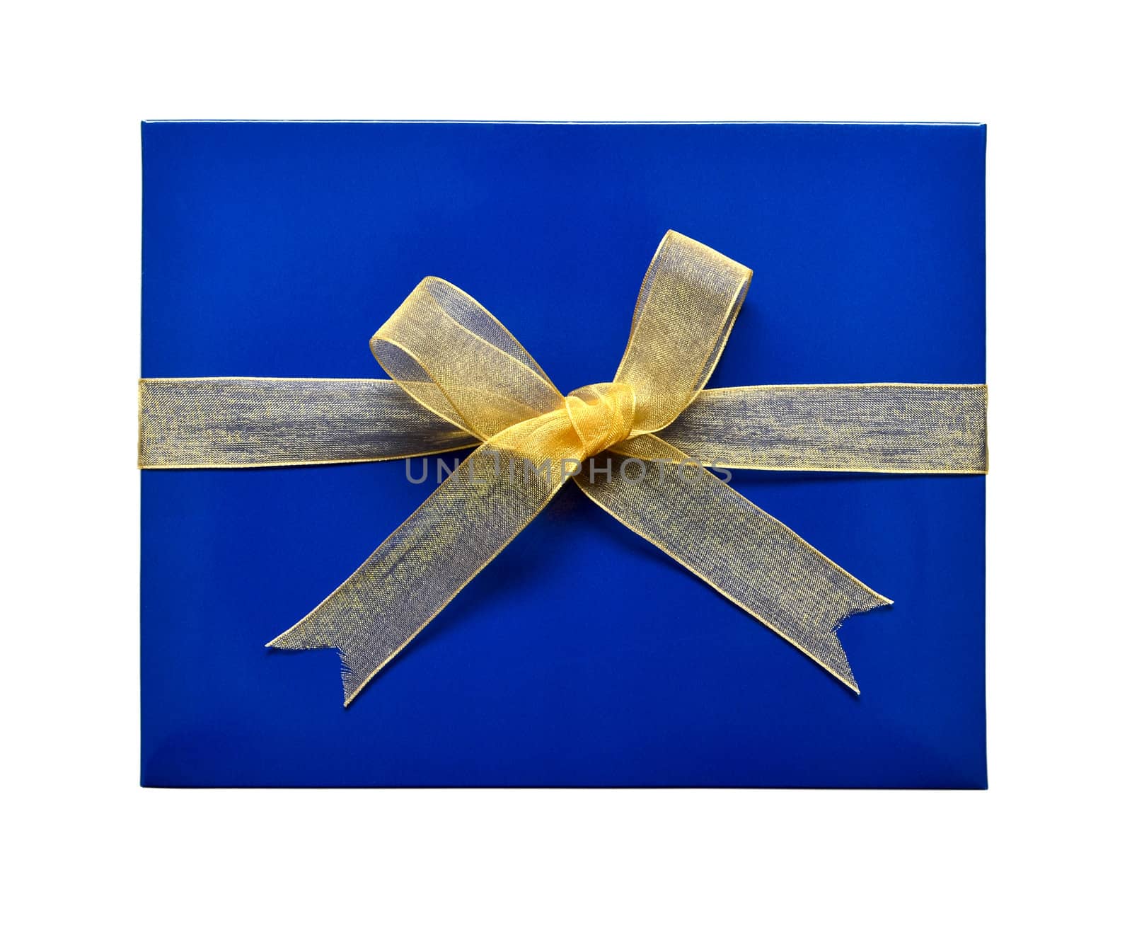 single blue gift box with gold ribbon and bow isolated on white by DNKSTUDIO