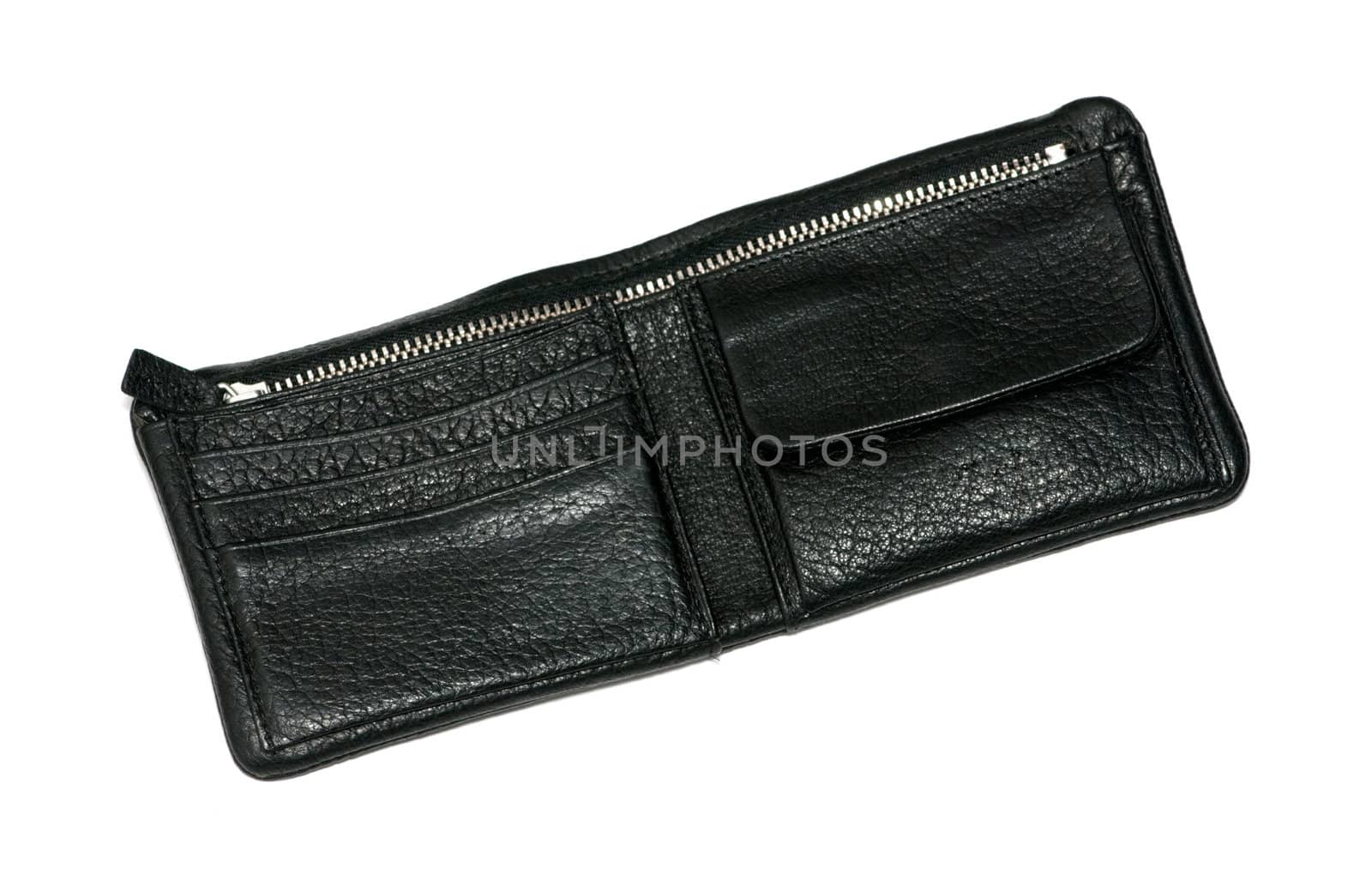 Black leather wallet isolated on white background.