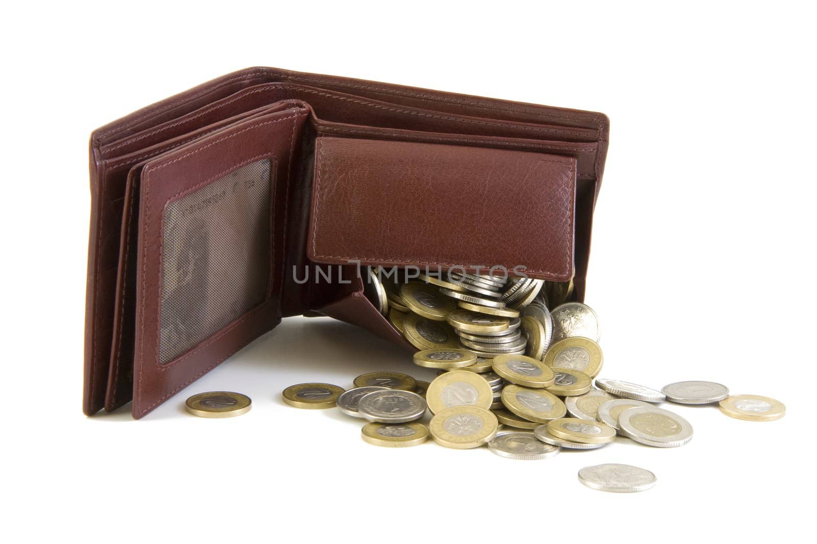 Coins spilling from a brown leather wallet, isolated on white background