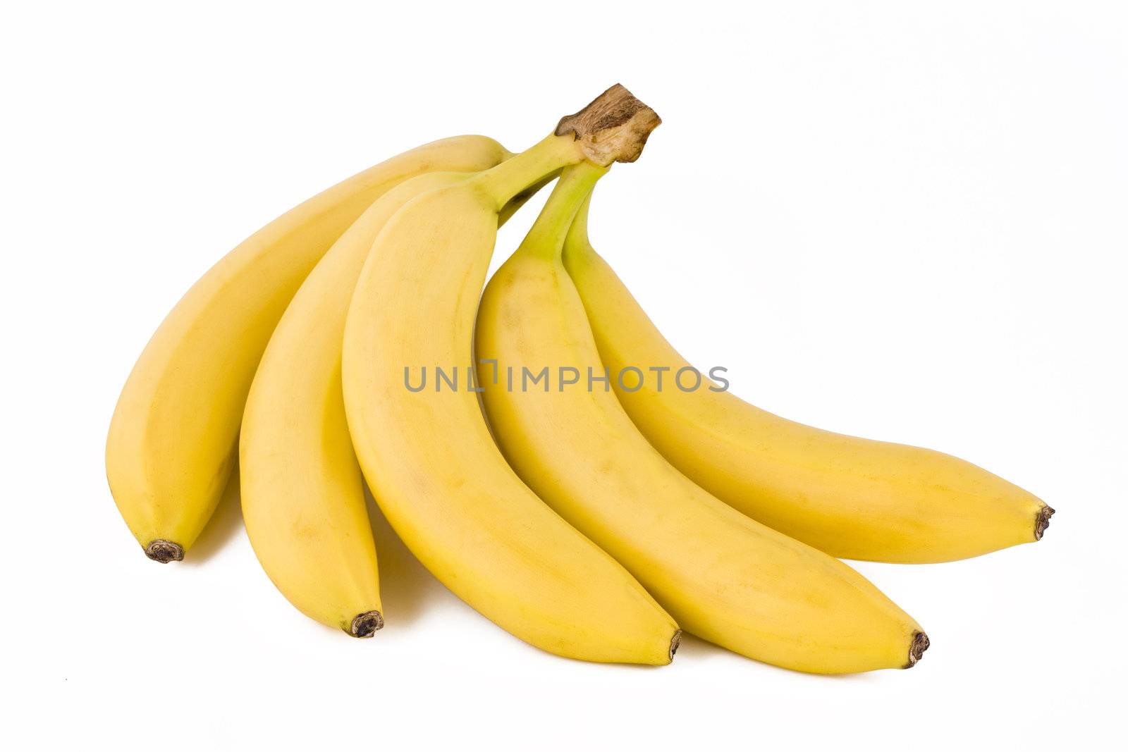 Bunch of five fresh bananas, tropical fruits isolated on white