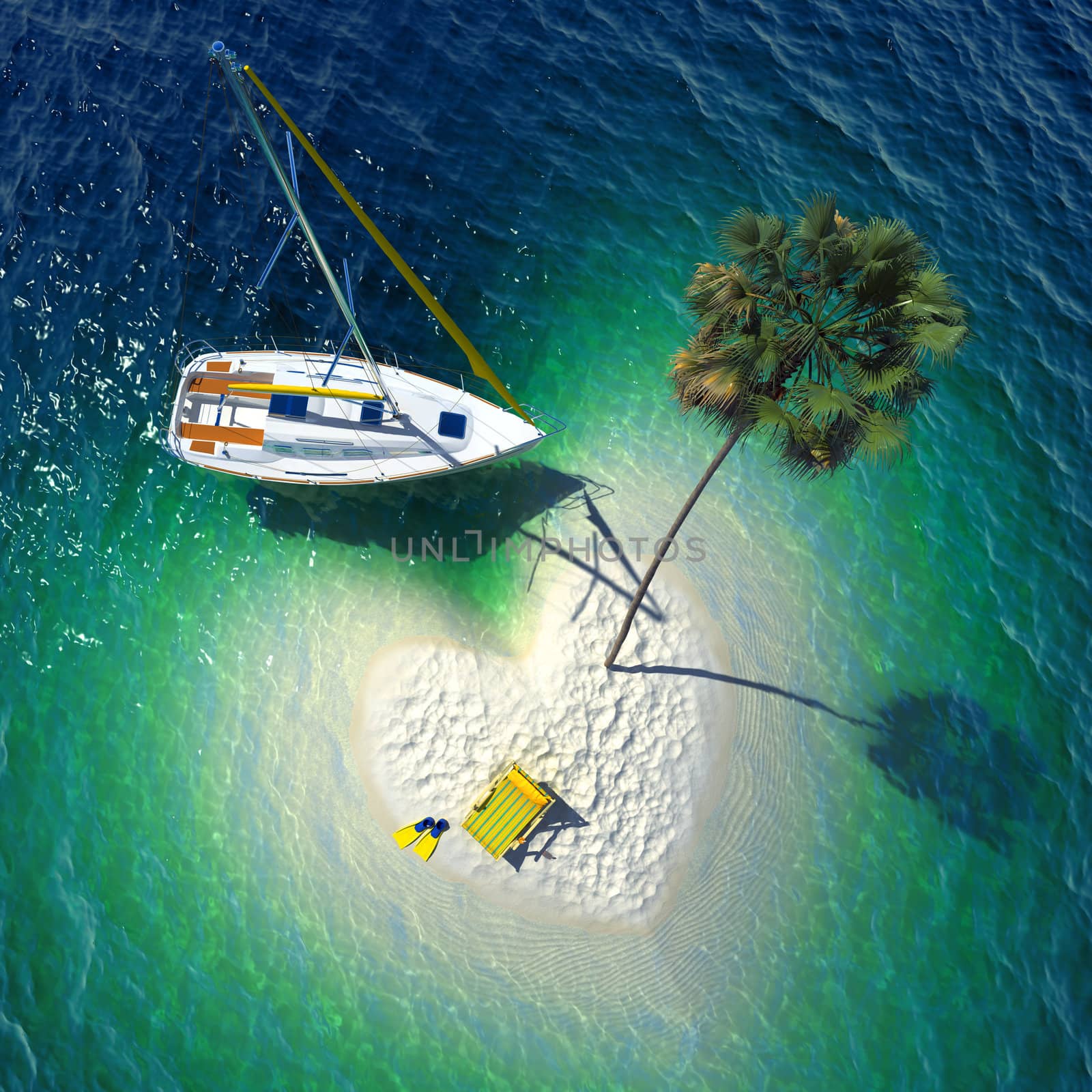 Concept of a wonderful holiday in a tropical paradise - a small sandy heart-shaped tropical island, snow-white yacht, palm and sun bed. Very realistic detailed 3-D graphics