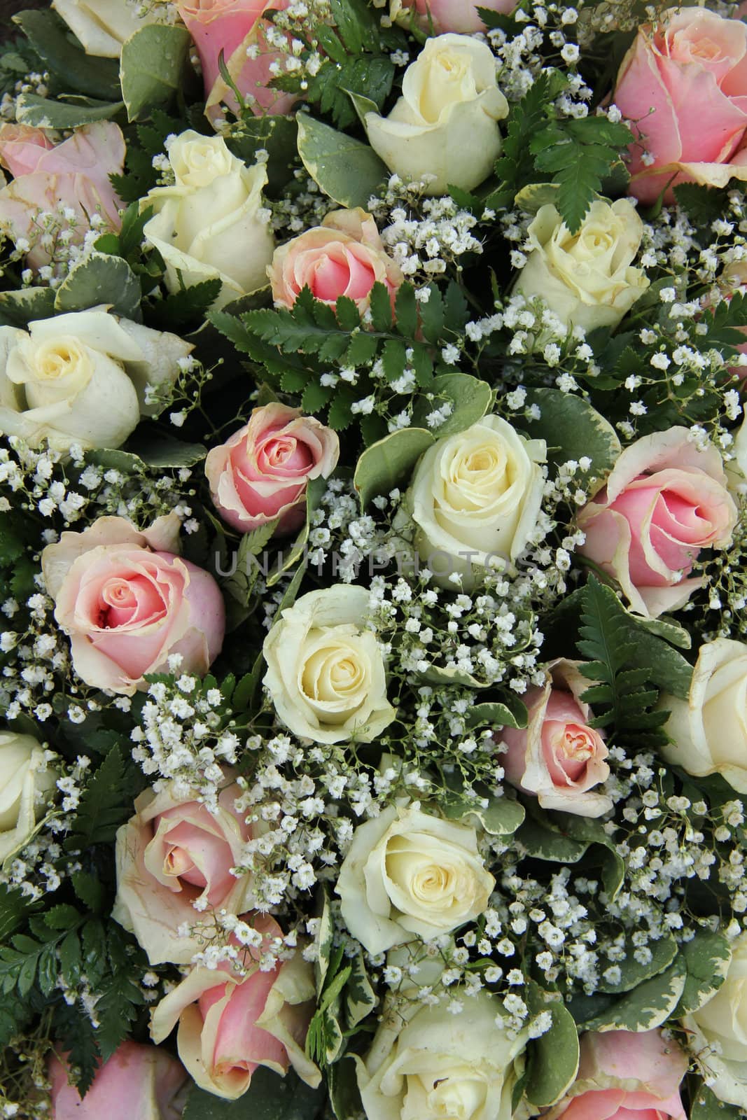 Wedding flowers in pink and white roses and gypsophila