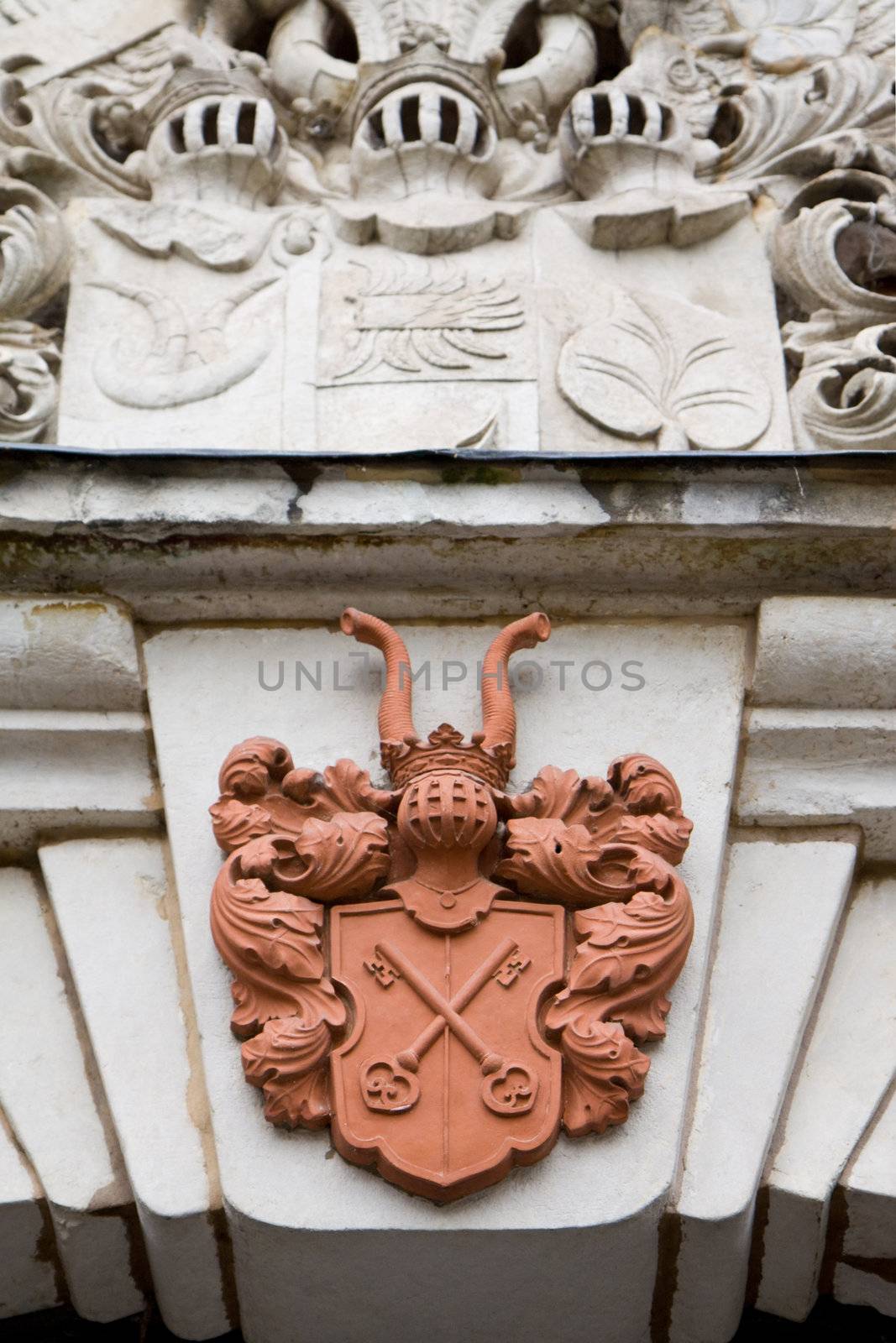 Medieval stone crest, historic architectural detail