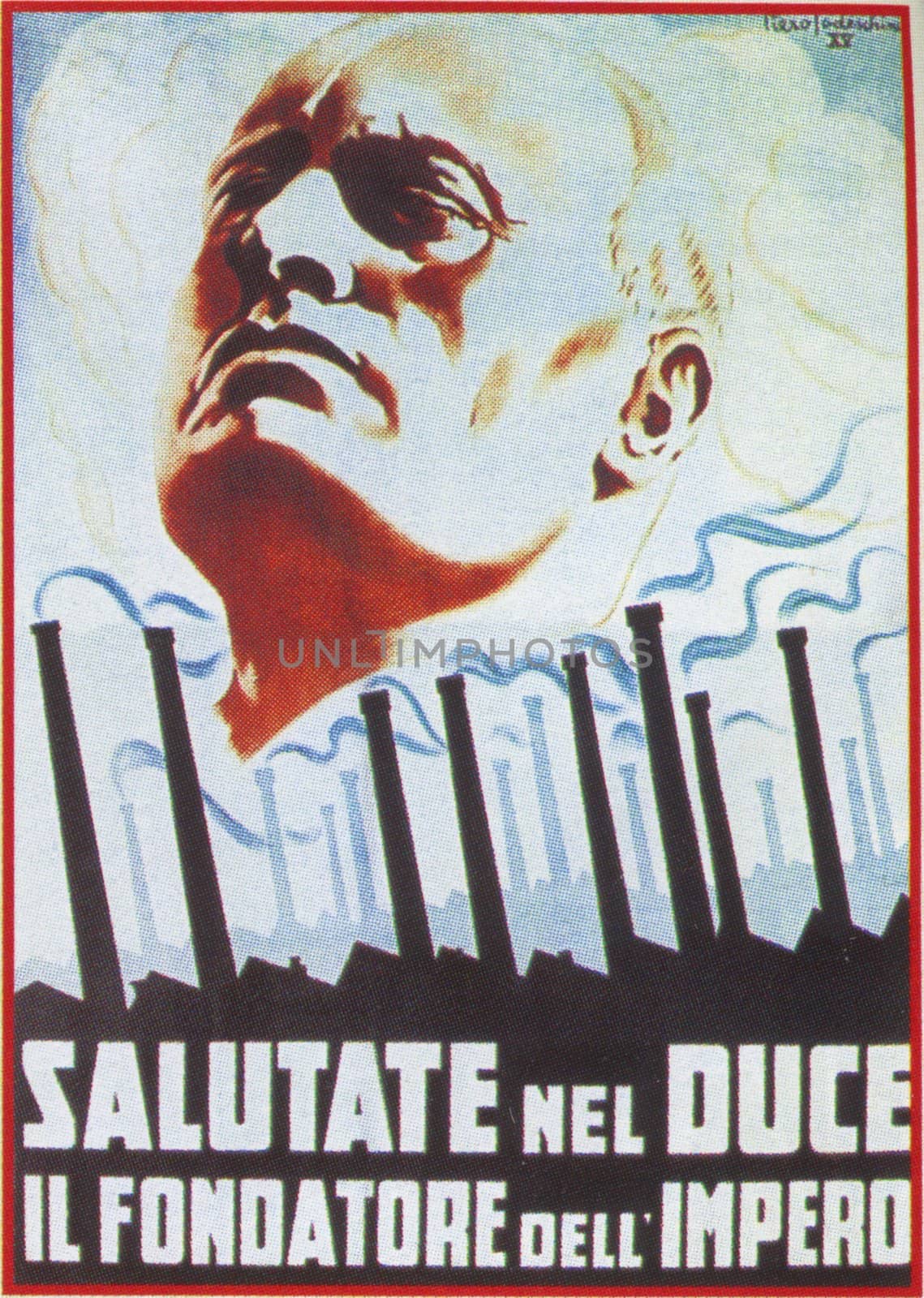 ITALY, circa 1943: Benito Mussolini shown on a propaganda Nazi poster, circa 1943