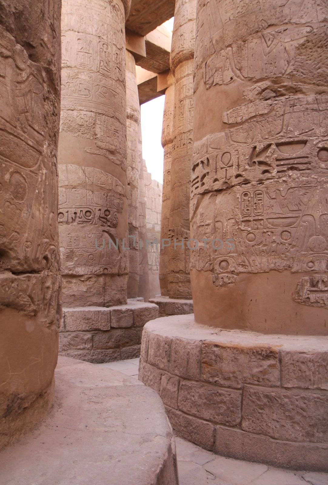 Ancient stone columns in the temple of Karnak in Egypt