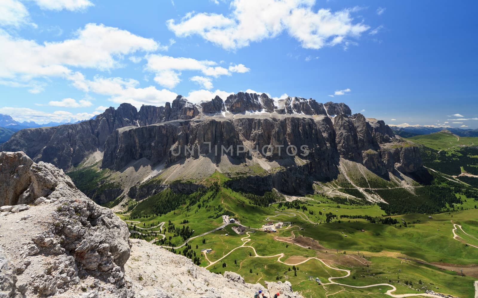 aerial view of Gardena pass and Sella goup, Italian Dolomites