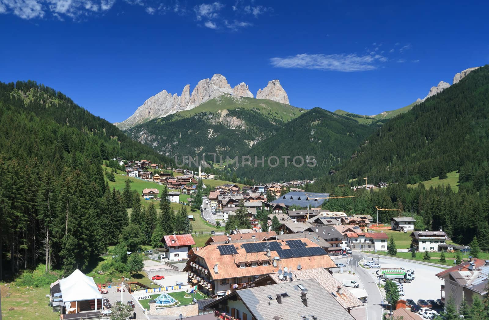 overview of Alba di Canazei, small town in Val di Fassa, Trentino, Italy