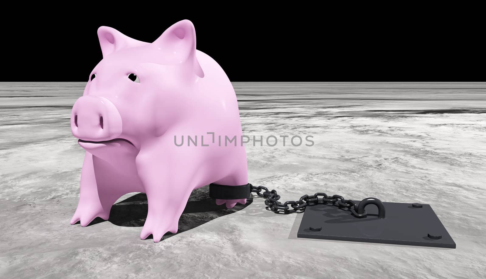 a sad pink piggy bank is chained to a metal board fixed with bolts on a grey desert land of a alien planet with a dark sky on the background