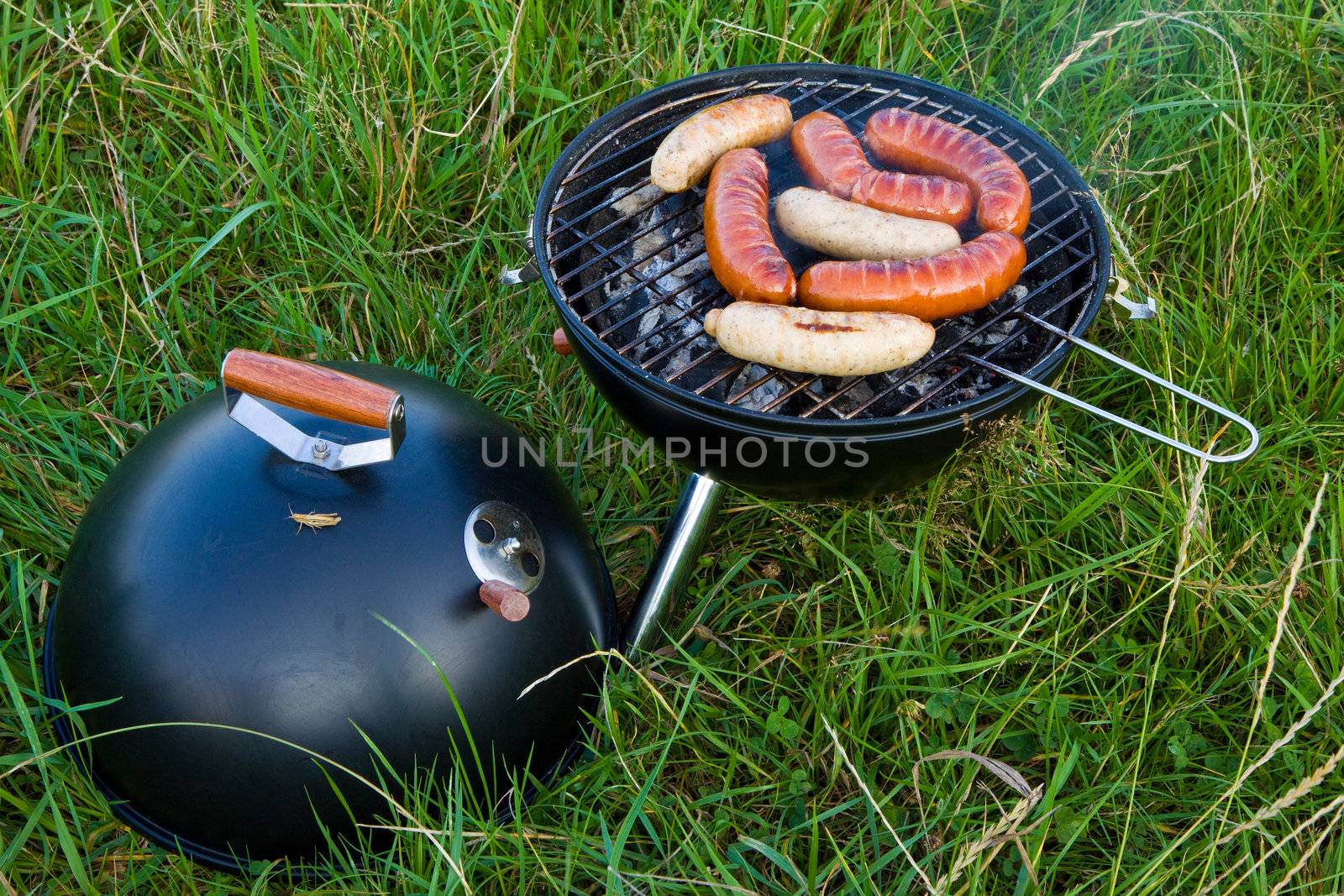 Sliced grilled sausages, outdoor barbecue on green grass