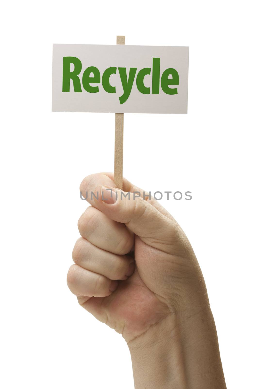 Recycle Sign In Male Fist Isolated On A White Background.