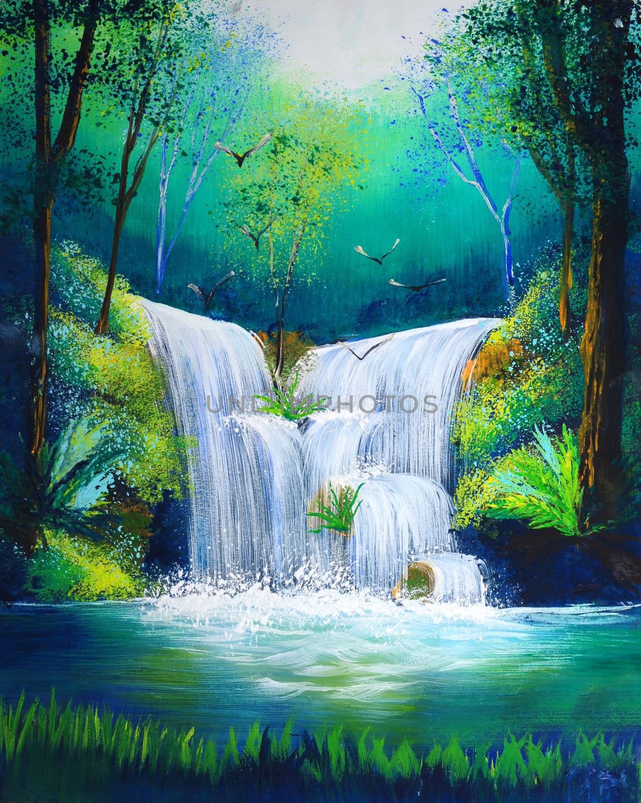 watercolor painting of waterfall