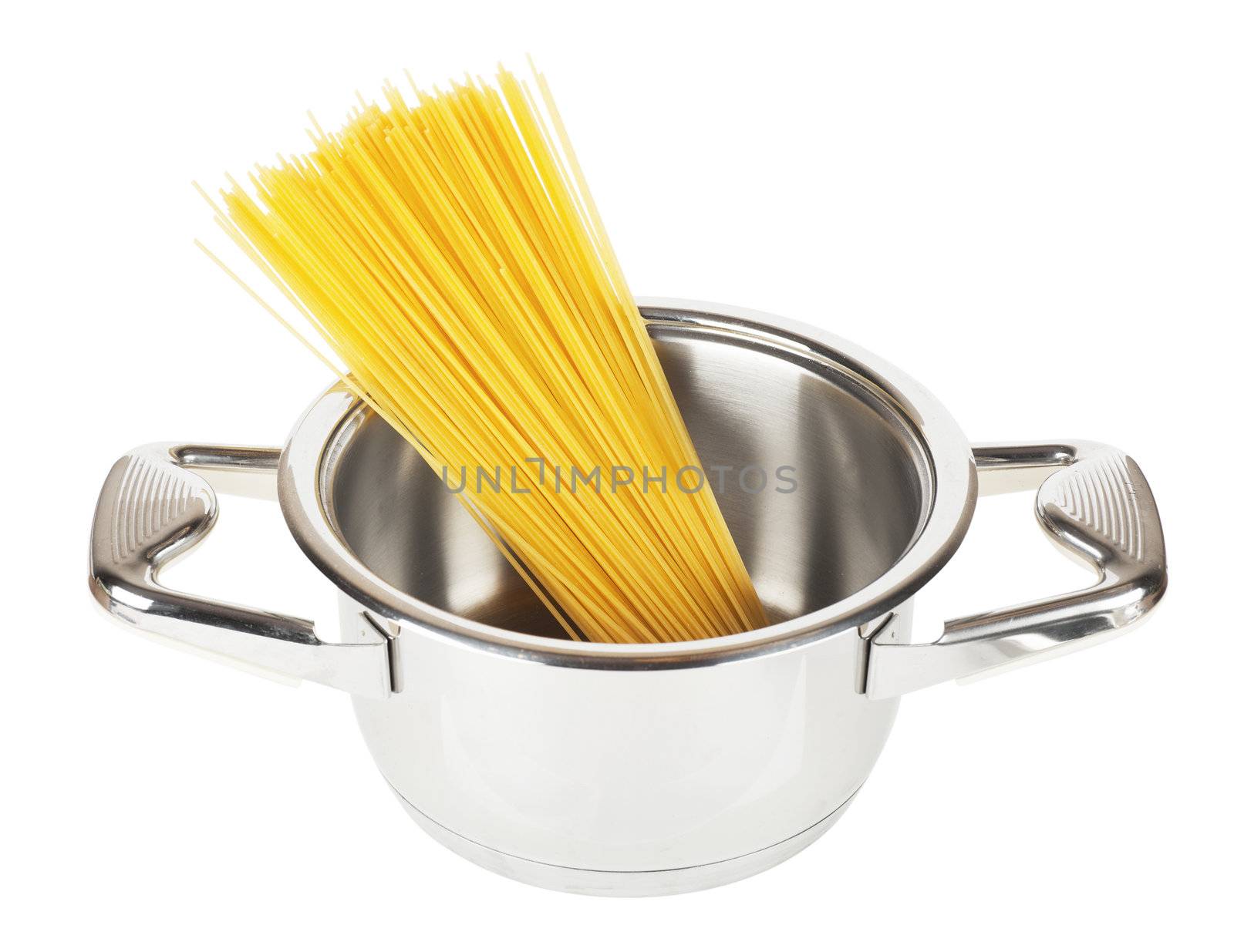Bunch of spaghetti in a pot isolated over white background