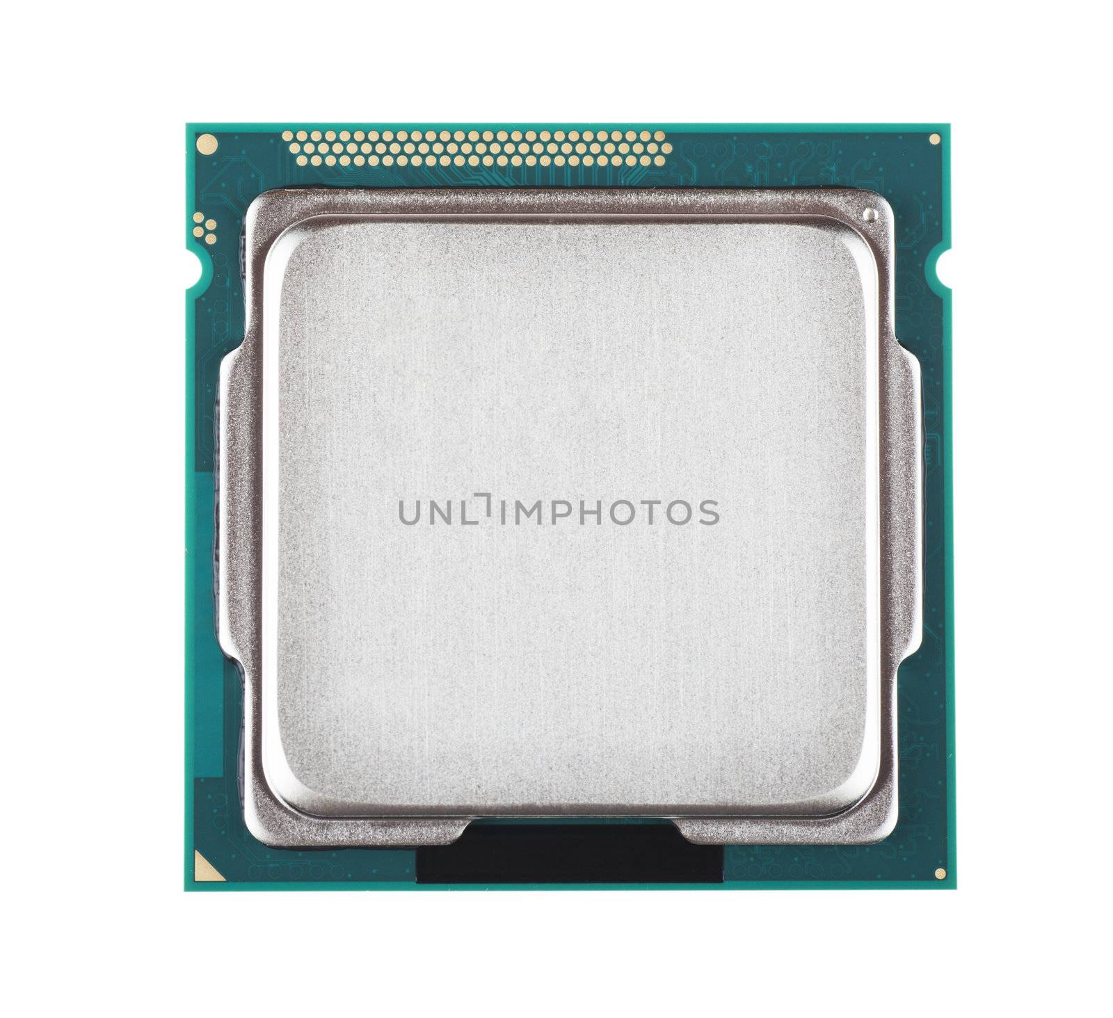 Macro view of processor microchip isolated over white background