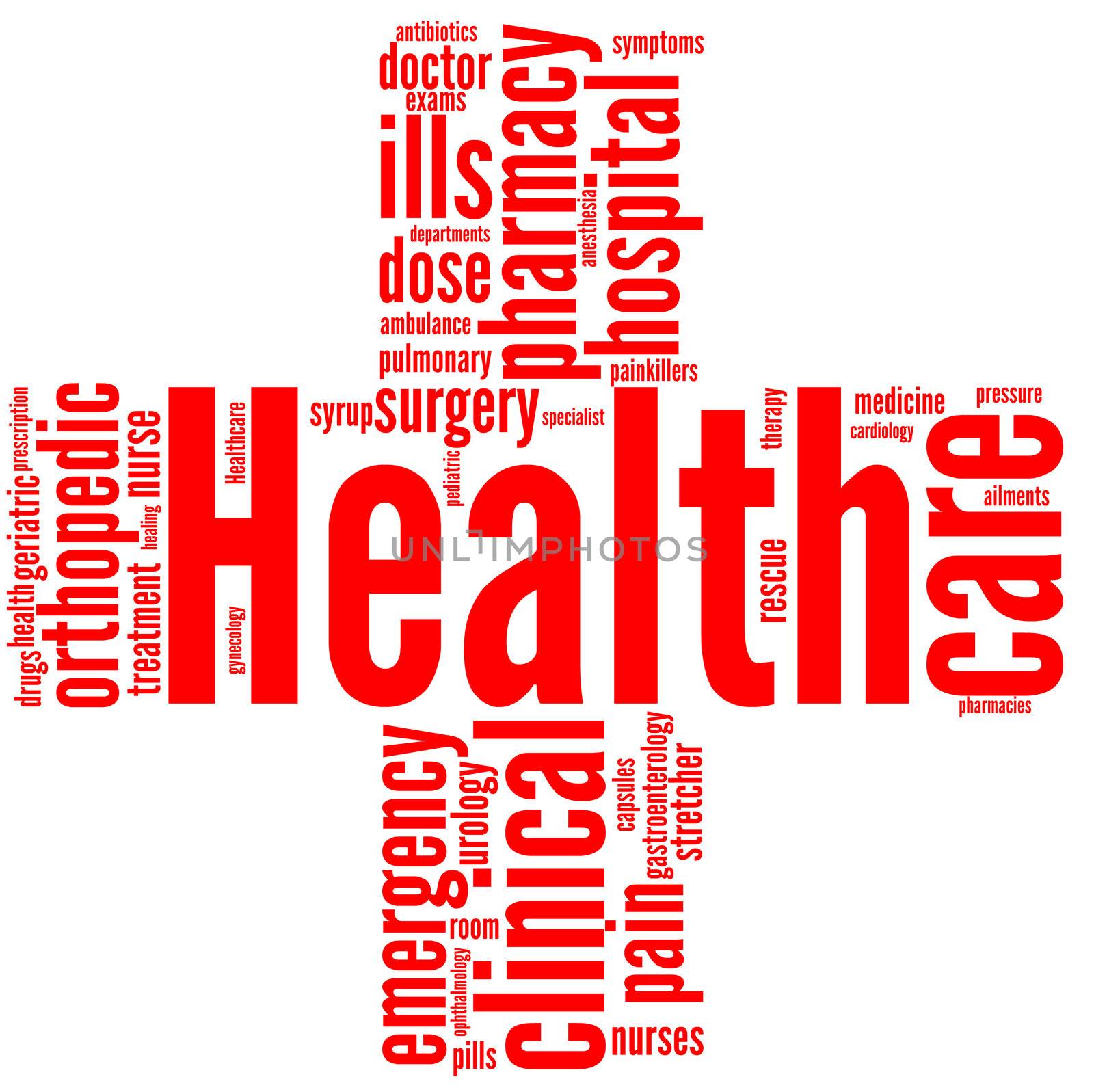Good health and wellbeing tag or word cloud red cross shaped