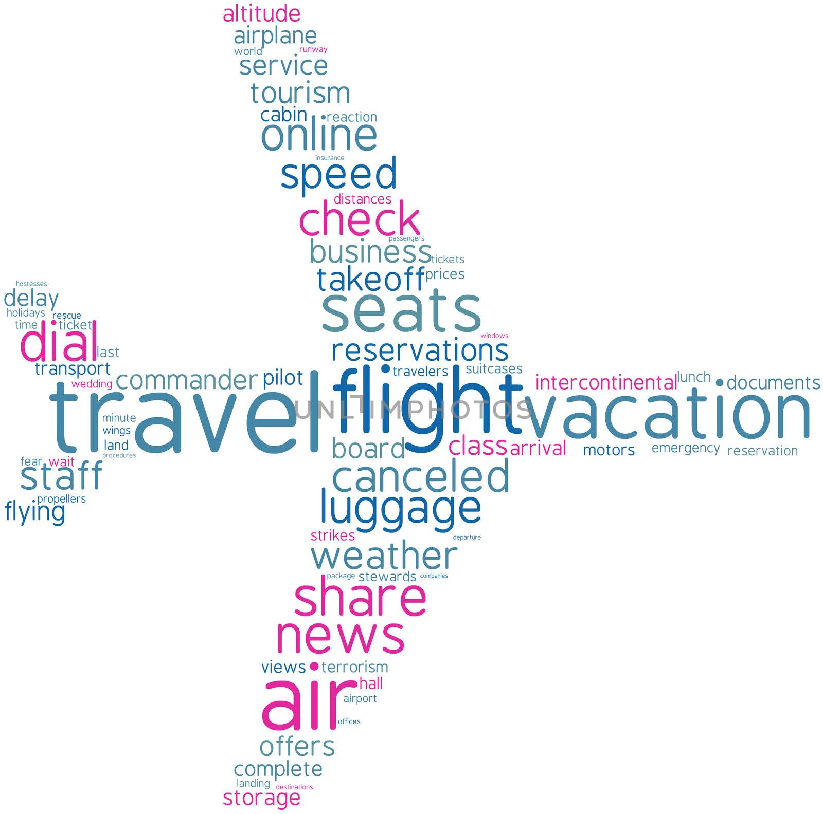 Airplane shaped word cloud in pink and blue over a white background