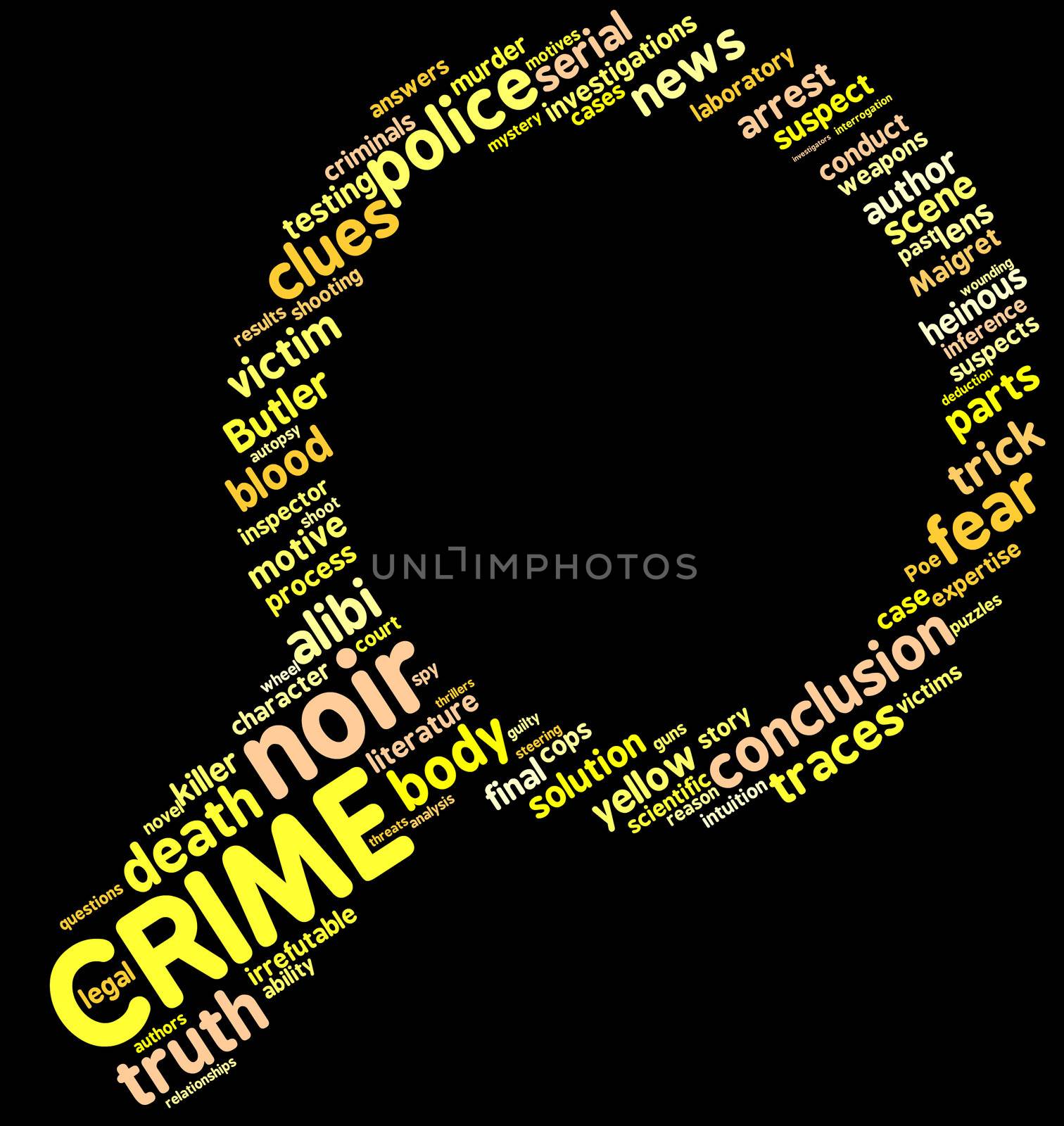 Investigation lens symbol tag cloud with yellow words over a black background