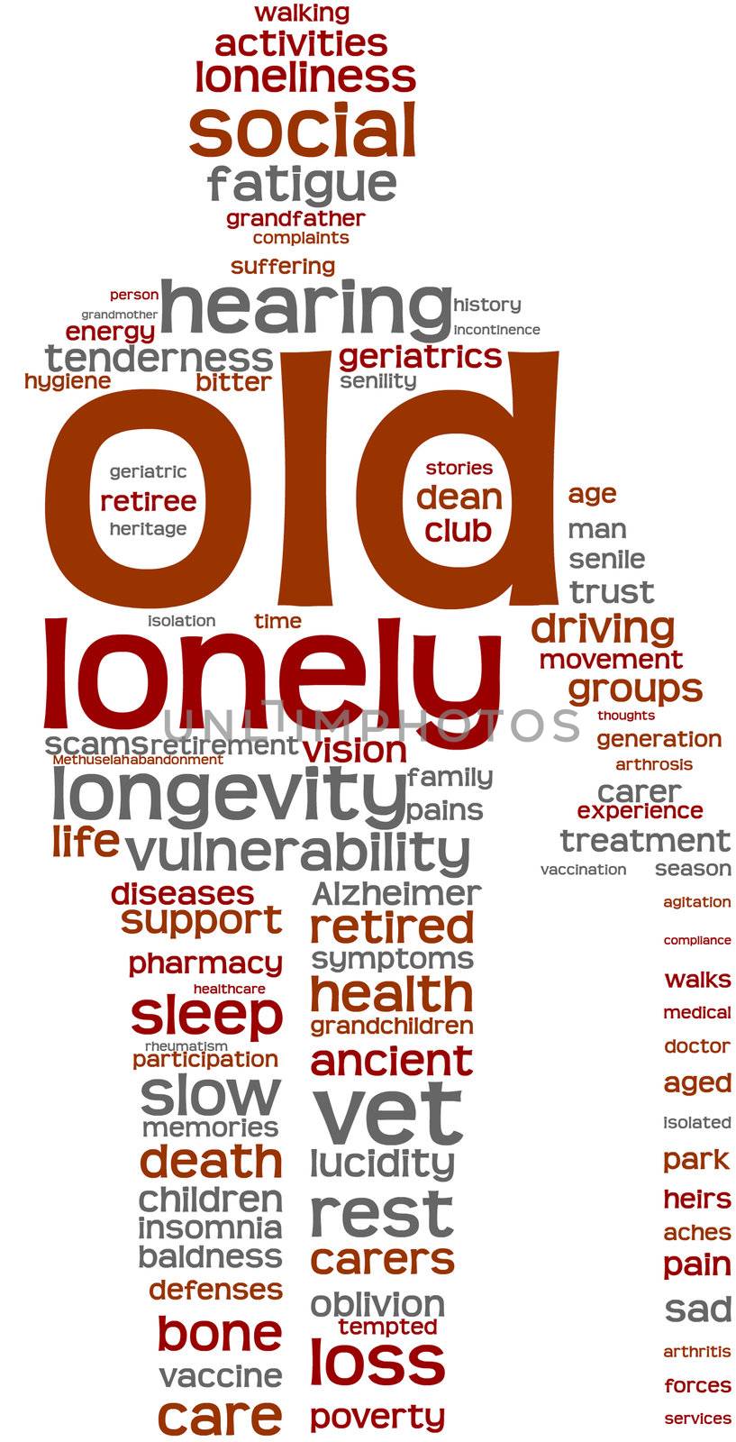 old man with a walking cane tag cloud with colored words on a white background