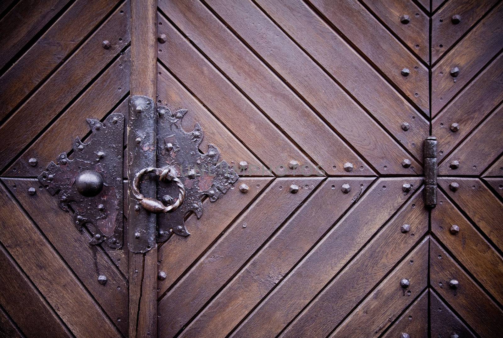Steel medieval knocker on the old wooden historic door, hinge