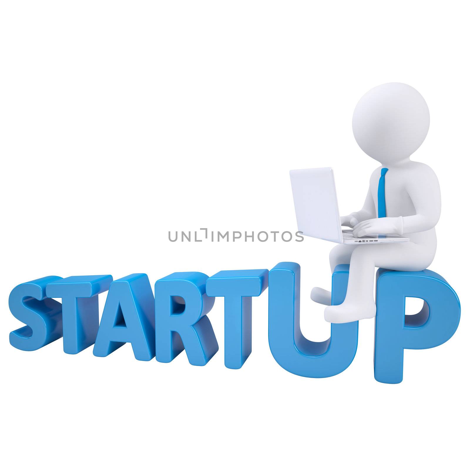 3d man sitting with a laptop on the word startup by cherezoff