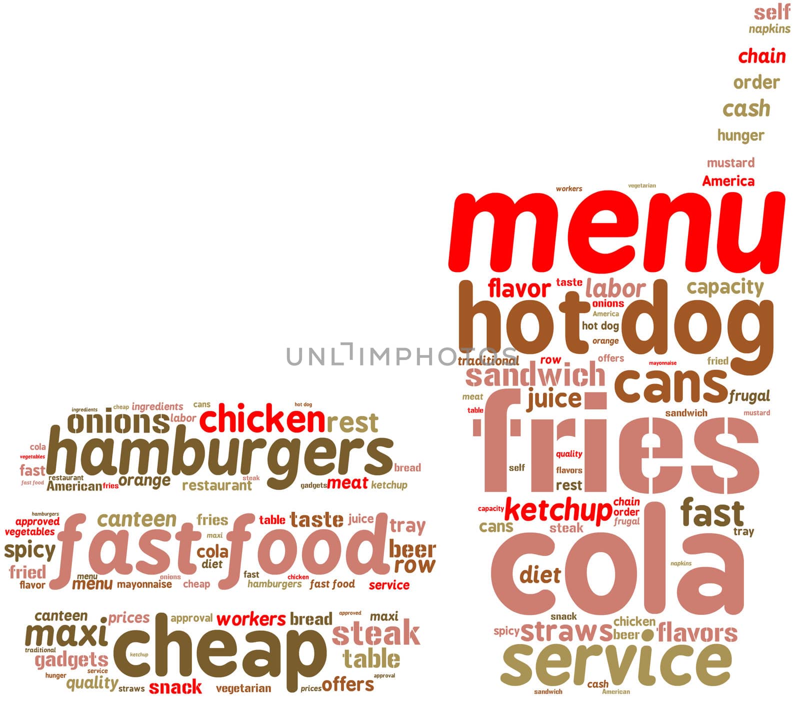 Fast food icon tag cloud with colored words on a white background