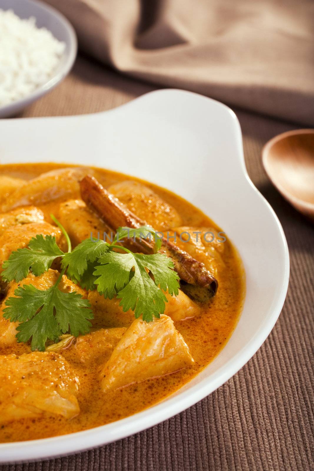 Rich and luxurious, butter chicken is mild and creamy and is enriched with cream and yoghurt. Here served with basmati rice. Not for the diet conscious, but a special treat is good for you too. Garnished with coriander, cinnamon and cardamom.