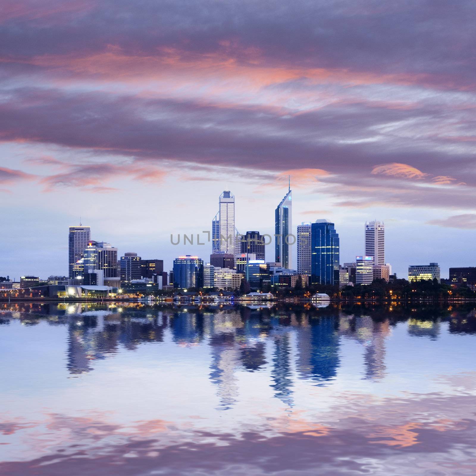 Perth Western Australia reflected in the Swan River at Dawn
