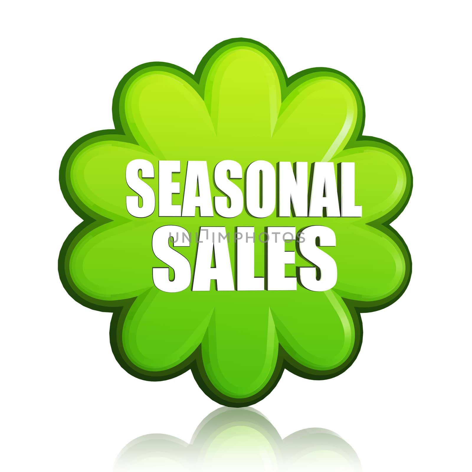 spring seasonal sales banner - 3d green flower label with white text, business concept