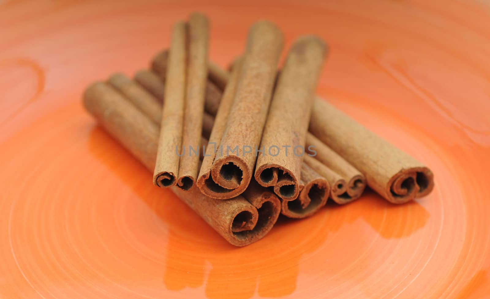 Cinnamon sticks on orange background