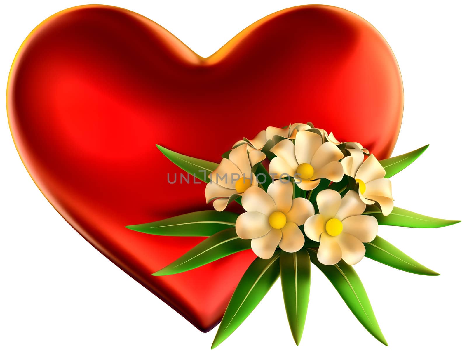 white flowers bouquet with big red heart for celebration of Valentine's Day on white background
