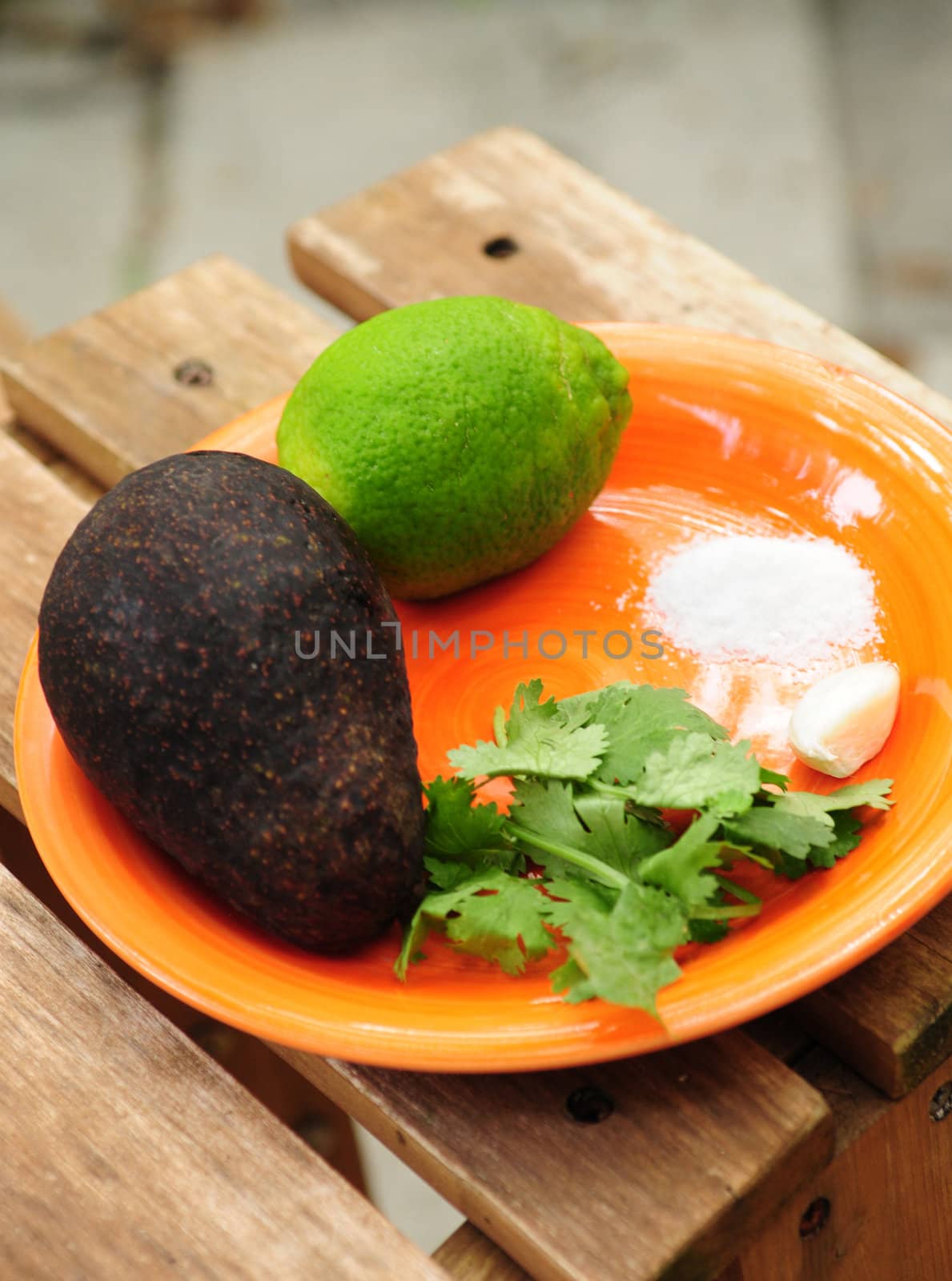 Guacamole ingredients with lime, avocado, cilantro, salt and garlic