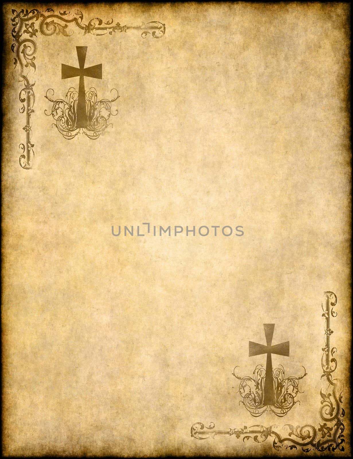 christian cross on old paper or parchment background texture