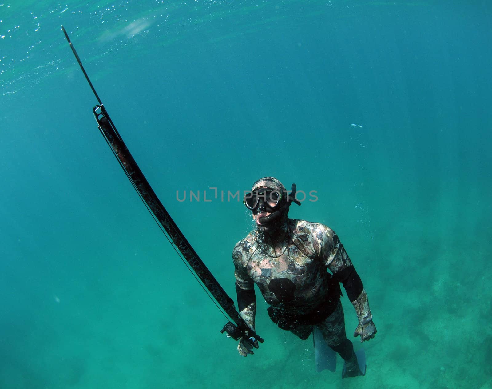Man spearfishing and free diving in camouflage wetsuit in Atlantic Ocean