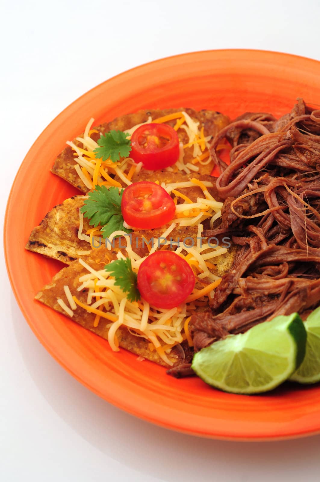 Nachos and shredded beef on a white background by ftlaudgirl