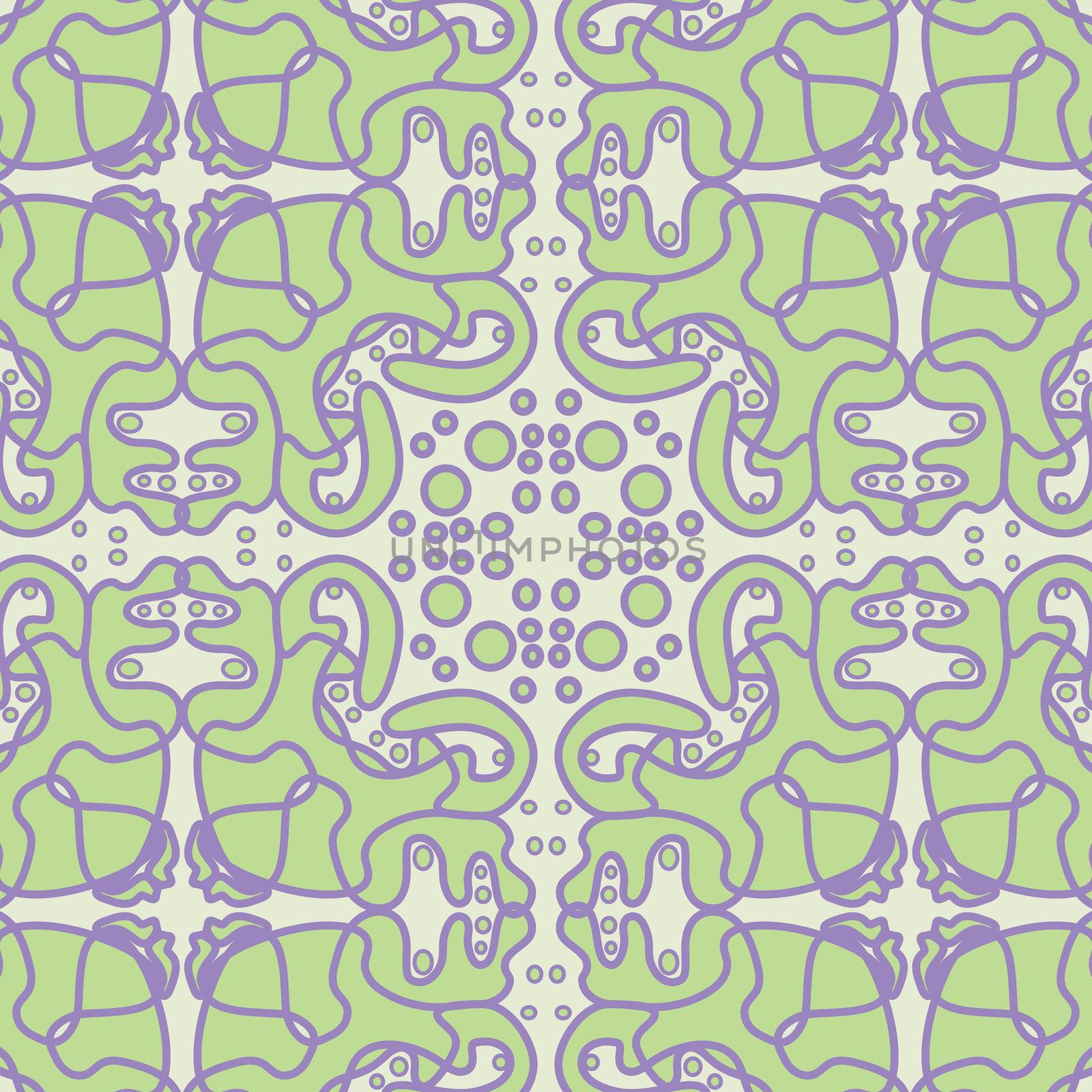 Seamless background of green fluffy shapes and purple lines