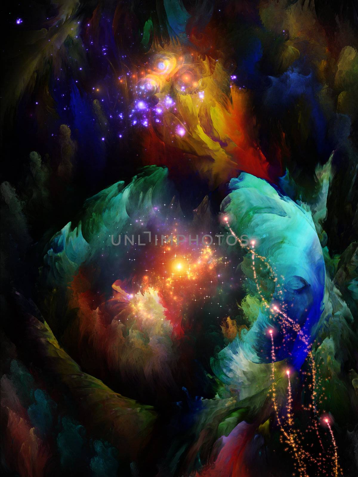 Never Worlds series. Design composed of colorful dimensional fractal worlds as a metaphor on the subject of fantasy, dreams, creativity,  imagination and art