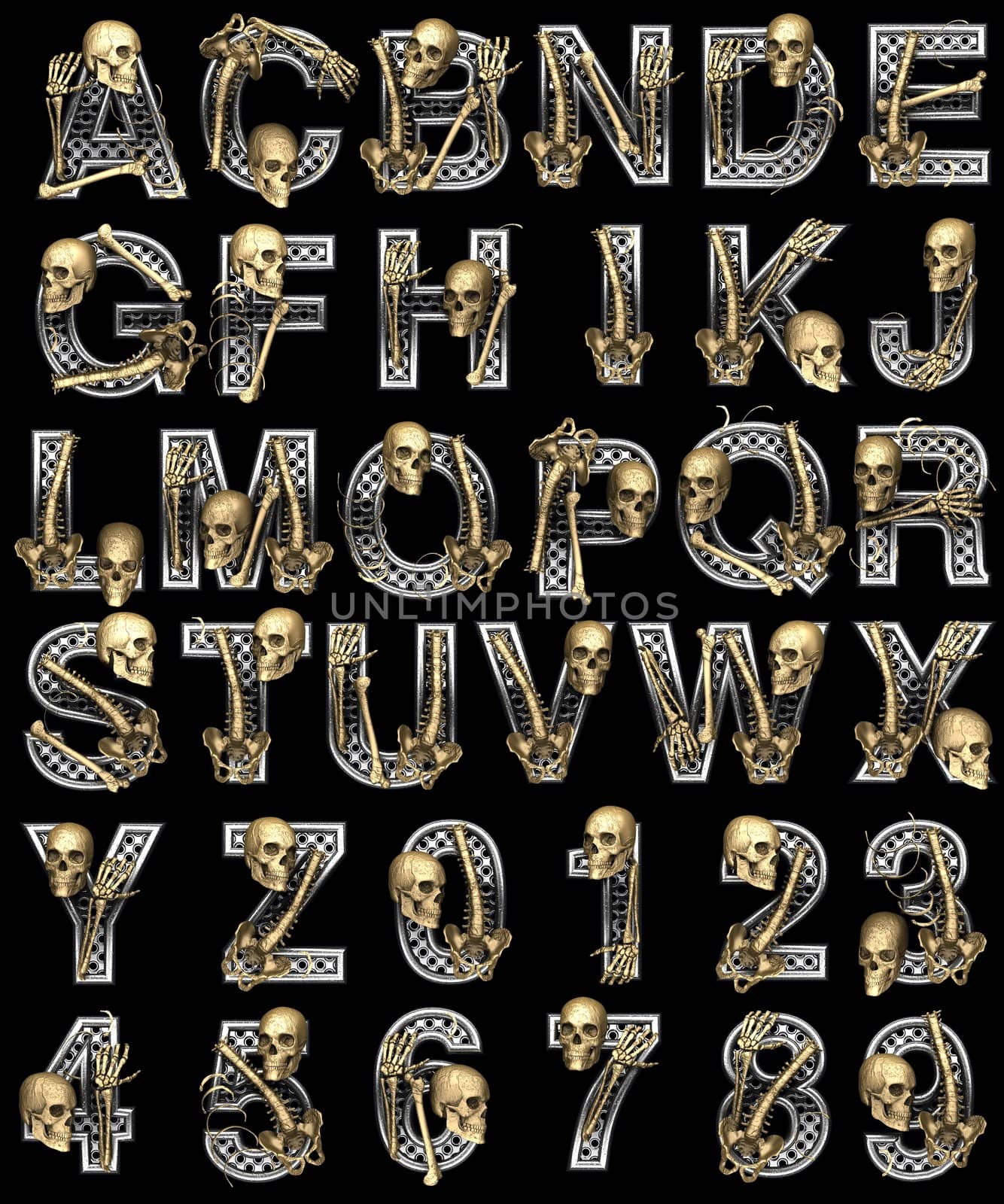 Metal alphabet with skeleton on black