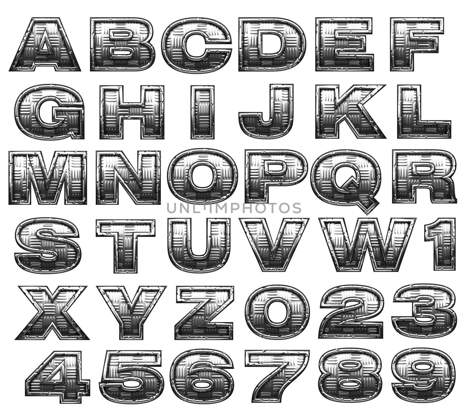 steel alphabet set on white