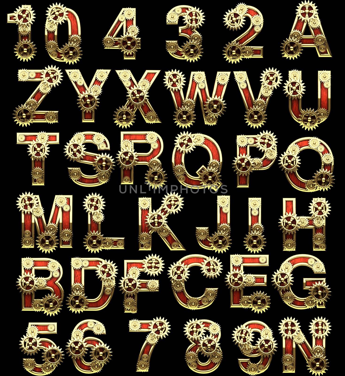 raster alphabet with gearwheels