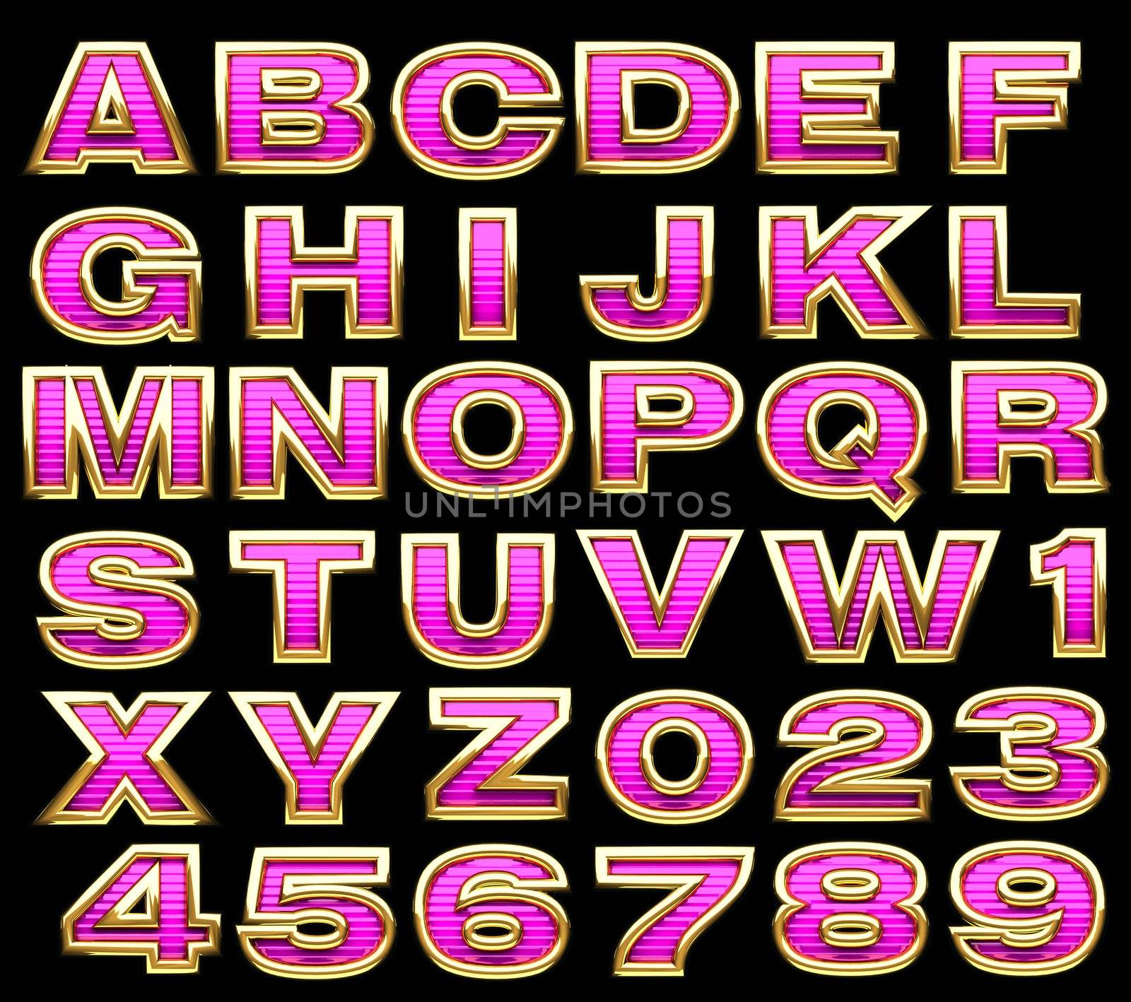 pink alphabet whith gold on black