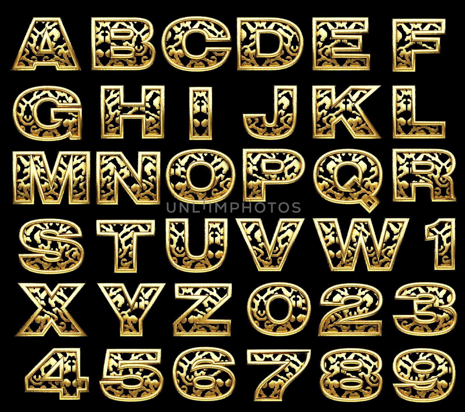 golden alphabet set on black