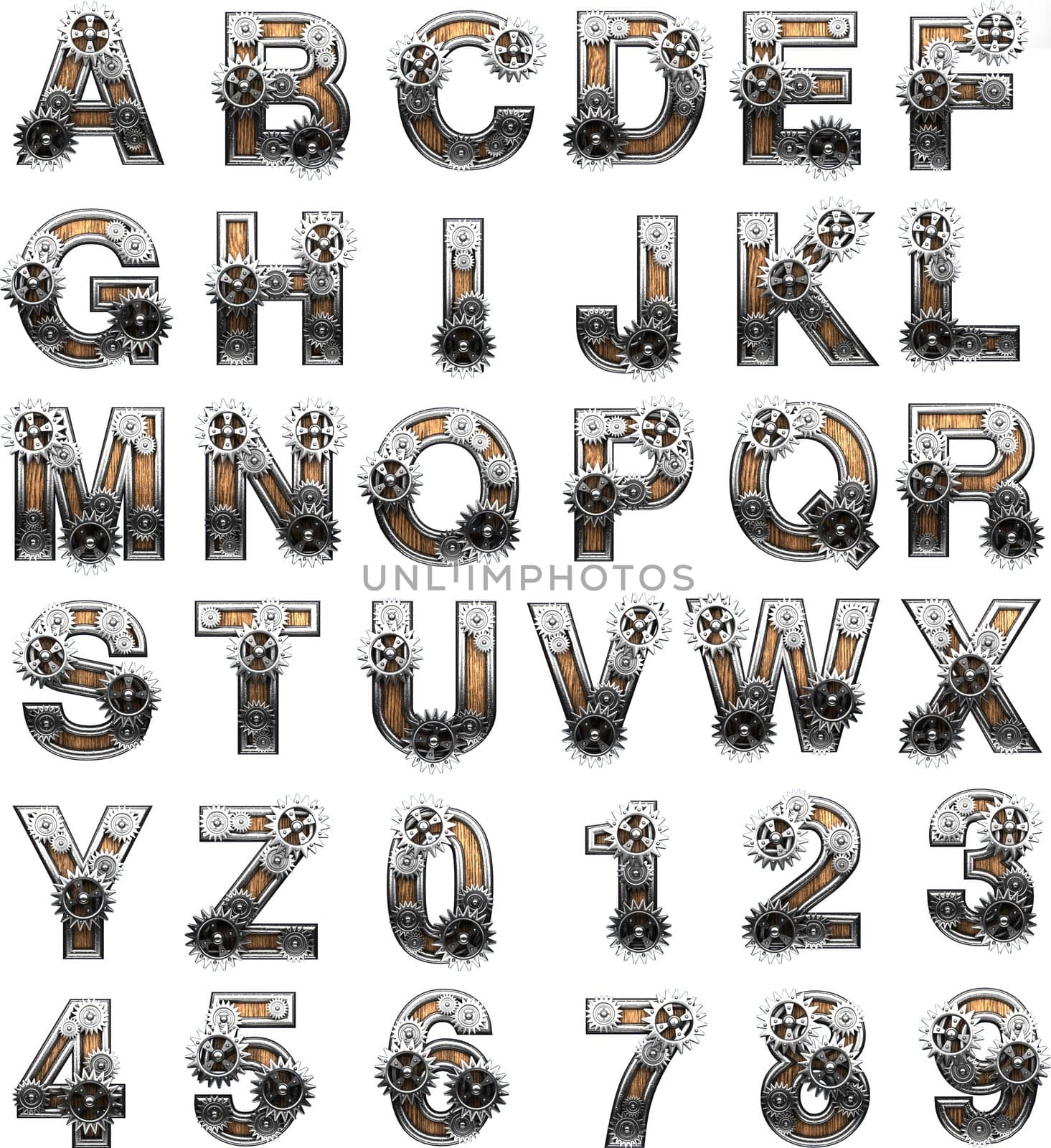 wooden alphabet with gears on white